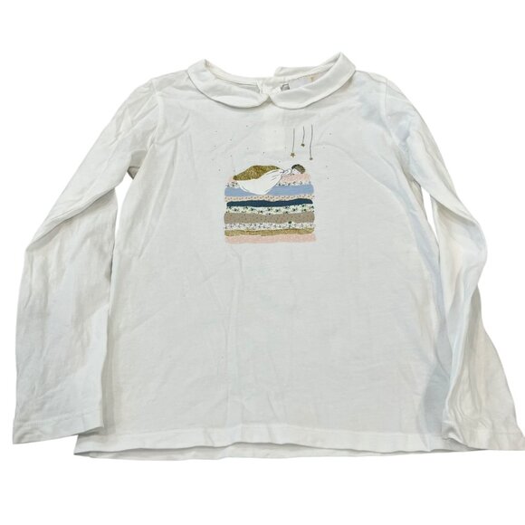 Jacadi Paris Girls Long-Sleeve White Shirt With Glitter Princess & Stars Design - Picture 1 of 4
